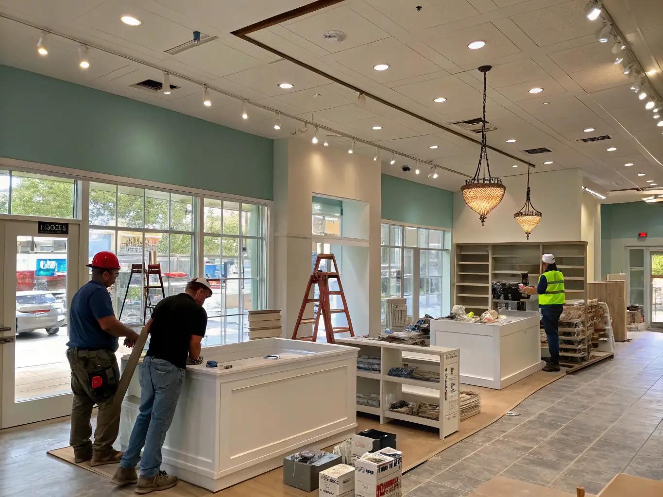 An image of a commercial space undergoing renovation, with construction workers and modern equipment, illustrating Capstone Construction's expertise in transforming existing spaces.