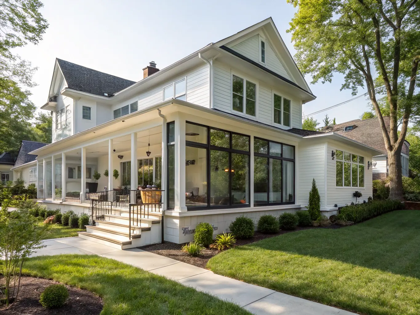 A newly constructed modern home with a well-manicured lawn and a welcoming front porch, showcasing Capstone Construction's residential building expertise.