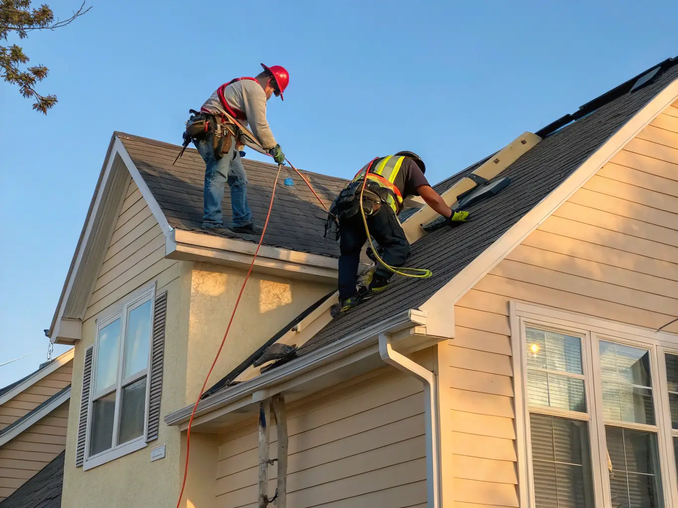 A residential property undergoing storm damage restoration, with Capstone Construction's team working diligently to repair the roof and siding.