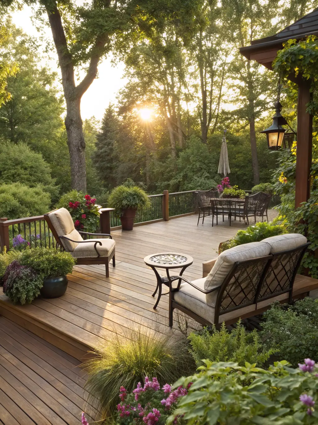 A sturdy and stylish new deck built by Capstone Construction, perfect for outdoor entertaining and relaxation, showcasing their expertise in creating outdoor living spaces.
